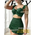 thumbnail image 3 of Ausing Lingerie Set for Women 3Pcs Bra and Panty with Mini Skirt Contrast Lace Mesh Ruffle Hem Chemise Sleepwear Date Night Outfits Green 2XL, 3 of 7