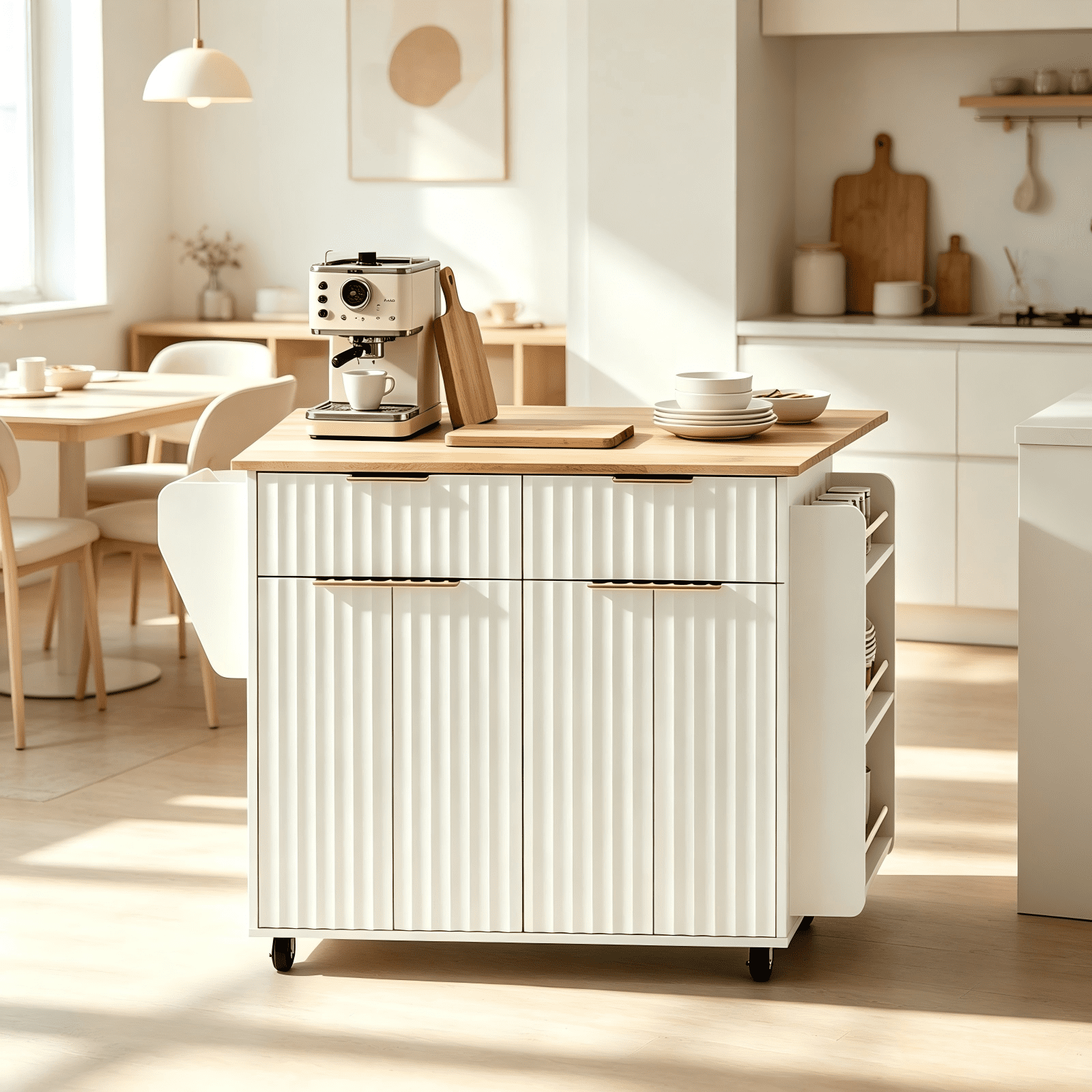 4-Door 2-Drawer Grille Food Cart Champagne Gold Thermoformed Door Panels Bakelite Handles Bakelite Countertop MDF Cabinets and Serving Sideboard, 43.07*29.17*32.68in White