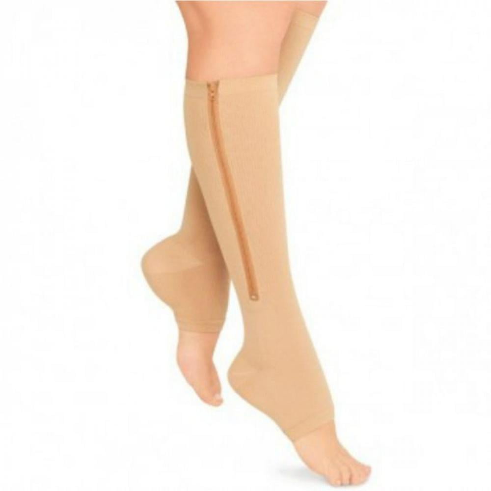 2Pairs Calf Knee High Stocking Open Toe Compression Socks for Walking，Runnng，Hiking and Sports Use Zipper Compression Socks C- BLACK/NUDE, L/XL 