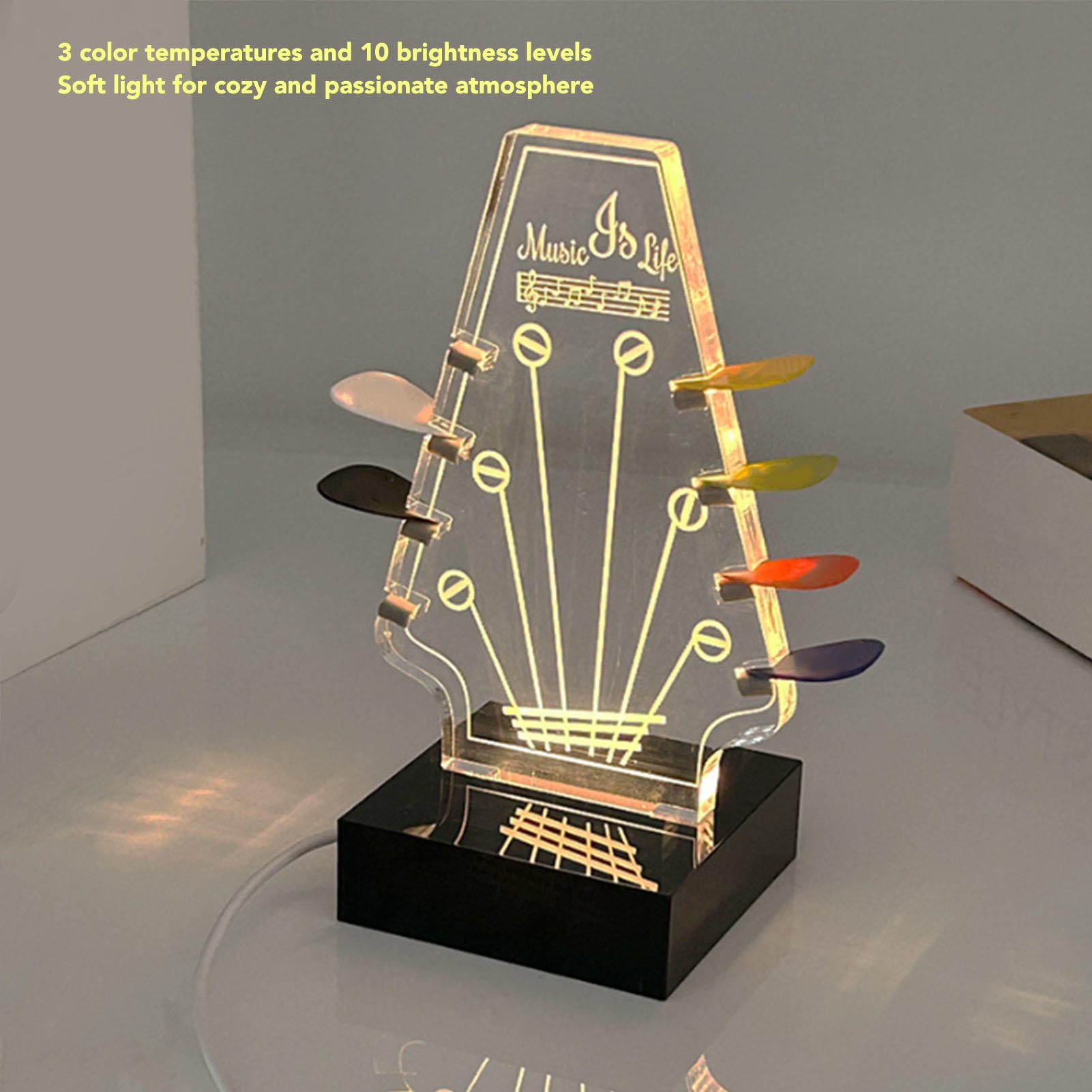 LAZIOEGR Light‑Up Acrylic Guitar Pick Stand – 8 Slots, 3 LED Color Temps, 10 Brightness Levels, Headstock Design