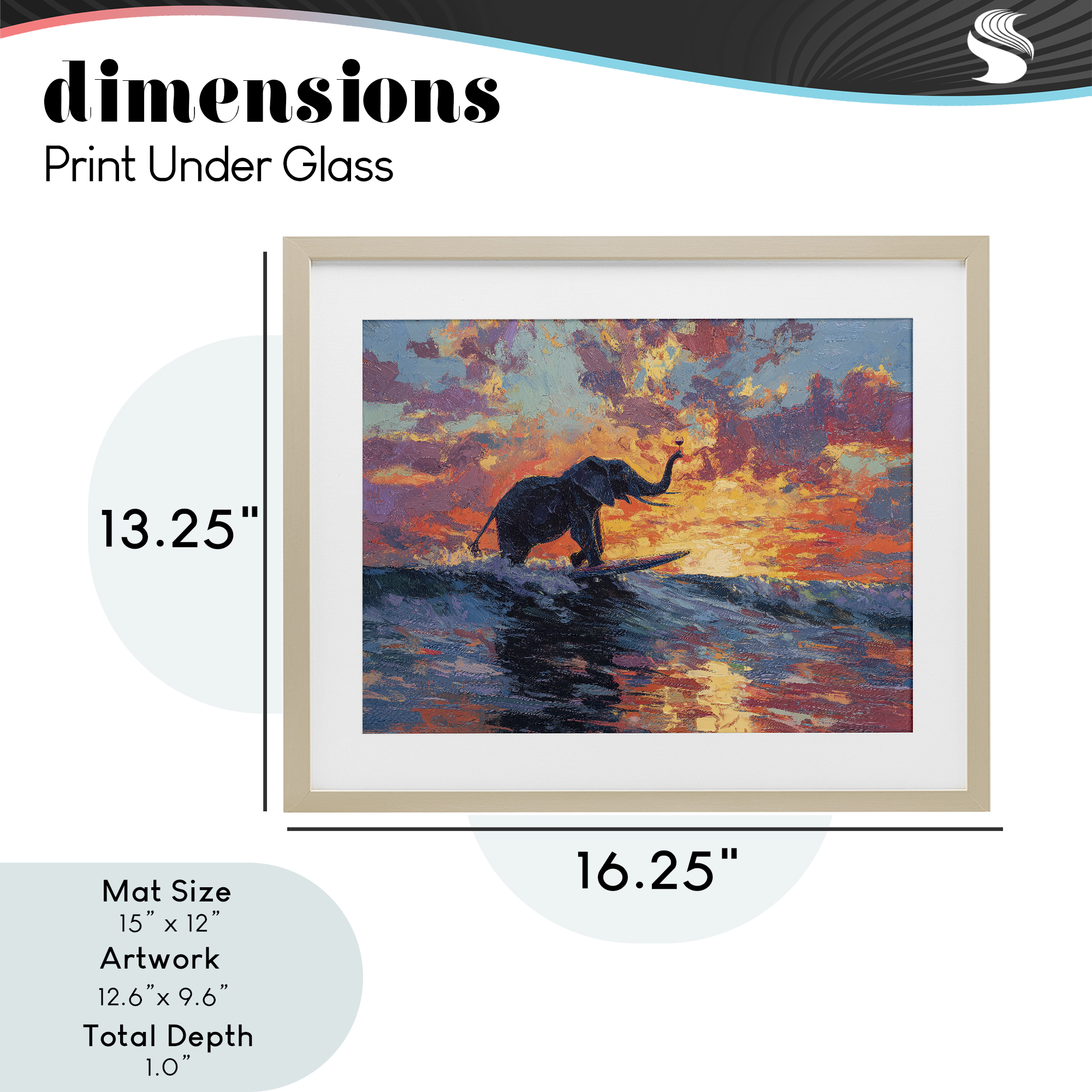 Sunset Surf Elephant Birch Framed Print Under Glass, design by Ziwei Li