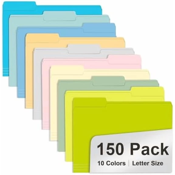 File Folder,  150 Pack Colored File Folders, 1/3 Cut Tab File Folder Letter Size, Filing Folders with Tabs for Office School Business Use, Assorted 10 Colors