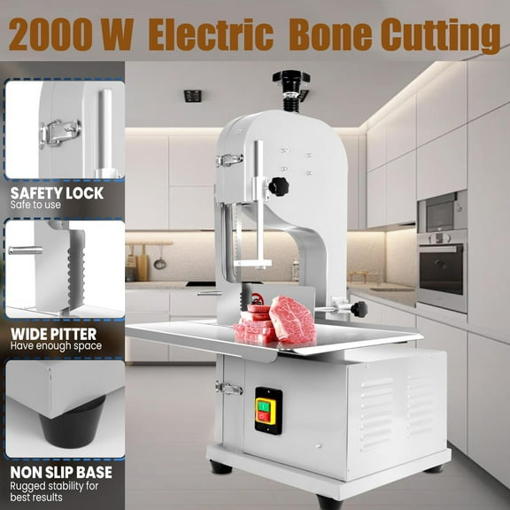 Stainless Steel Countertop Bone Sawing Machine,  2000W Frozen Meat Cutter with 8 Blades,  Electric Bone Bandsaw for Factory Frozen Bone, Beef