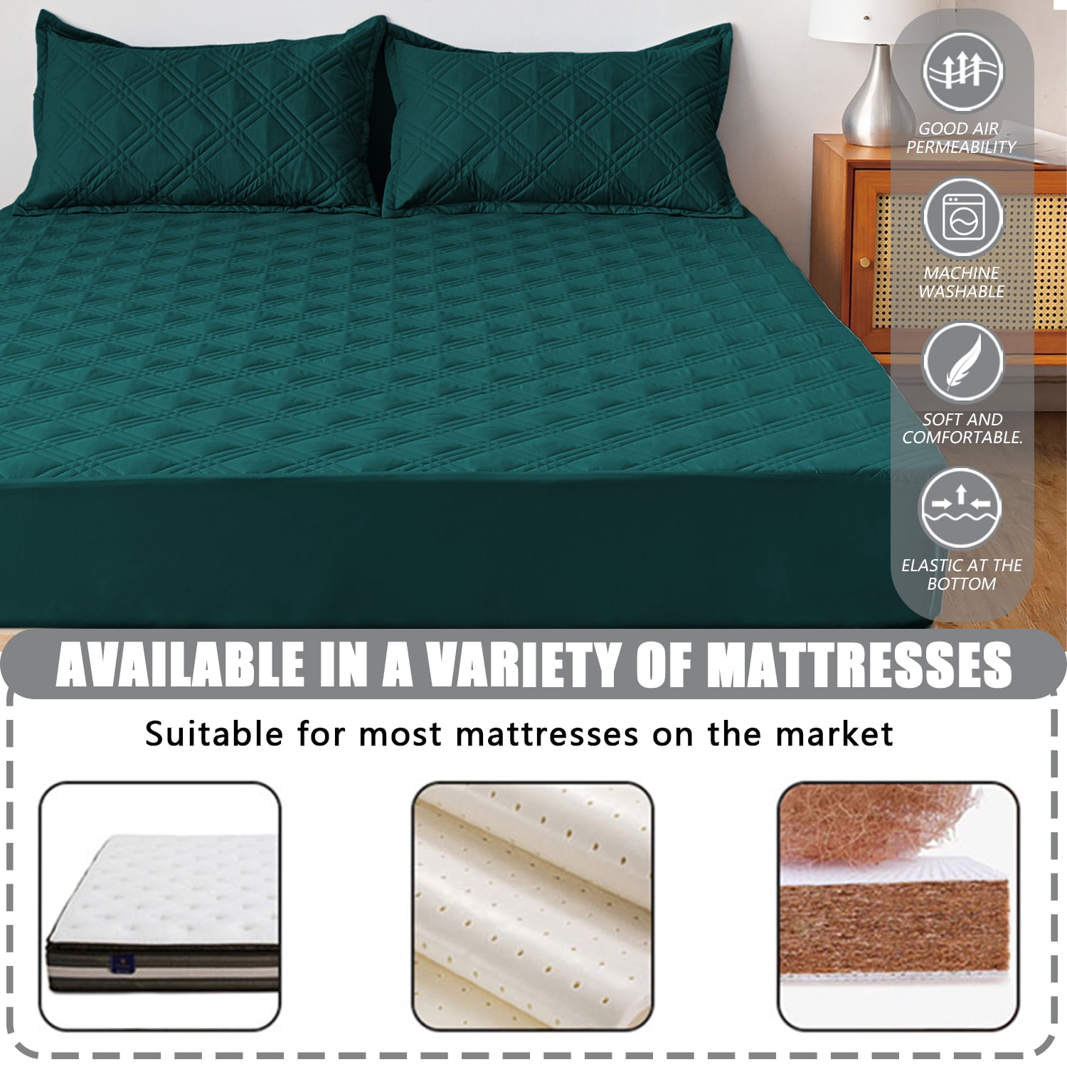 Waterproof Fitted Mattress Pad Cover Protector Queen Size Bed Quilted Mattress Cover Cotton Mattress Topper Dust Cover Soft Washable 12 Inch Deep Pocket Elastic Band（Blue）
