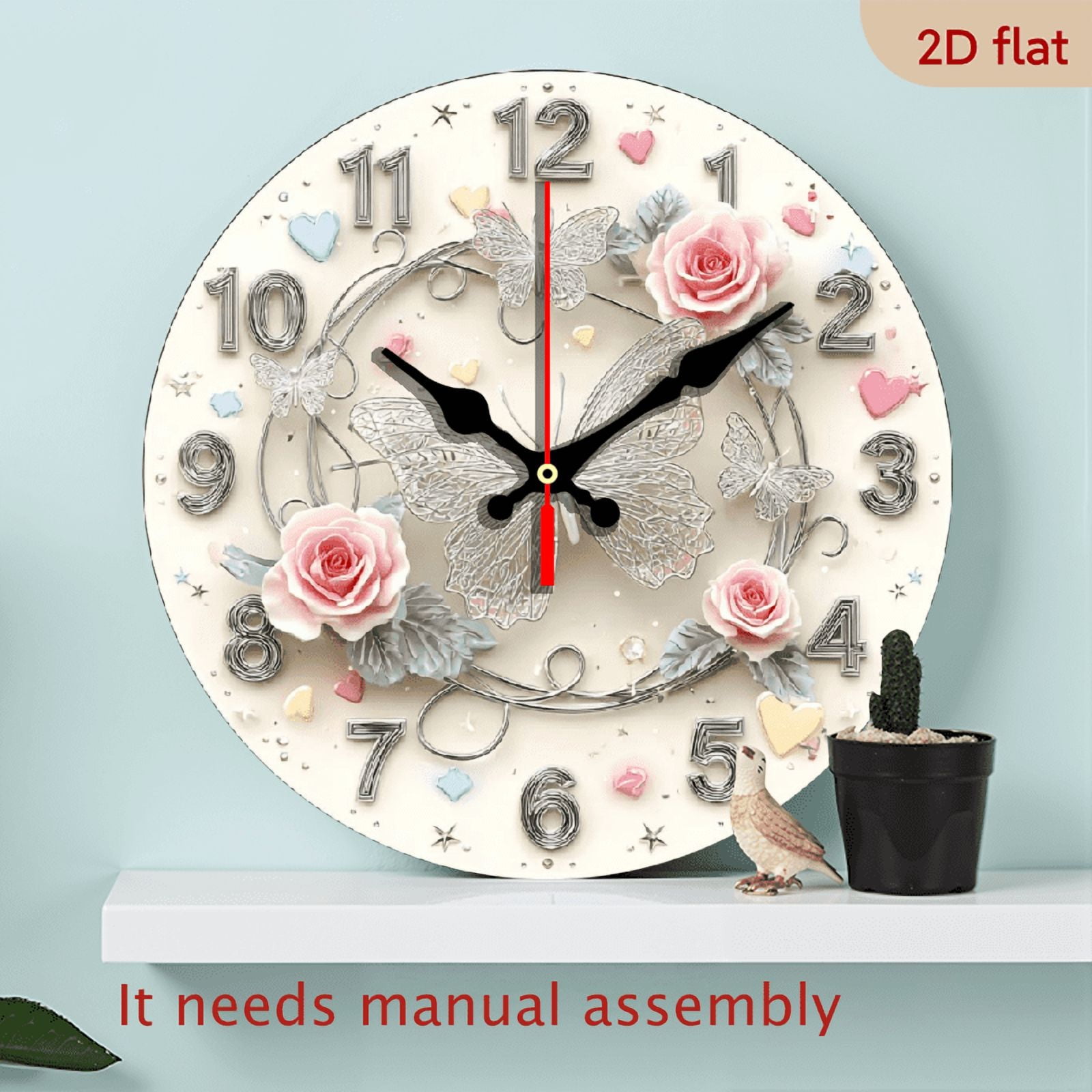 2D Flat 1pc 10Inch Silver Butterfly Vine Round Wall Clock, Wooden, Silent Swiss-Quartz Mechanism, Battery Powered, Decorative for Meditation, Living Room, Bedroom, Dining Room, No AA Batteries I