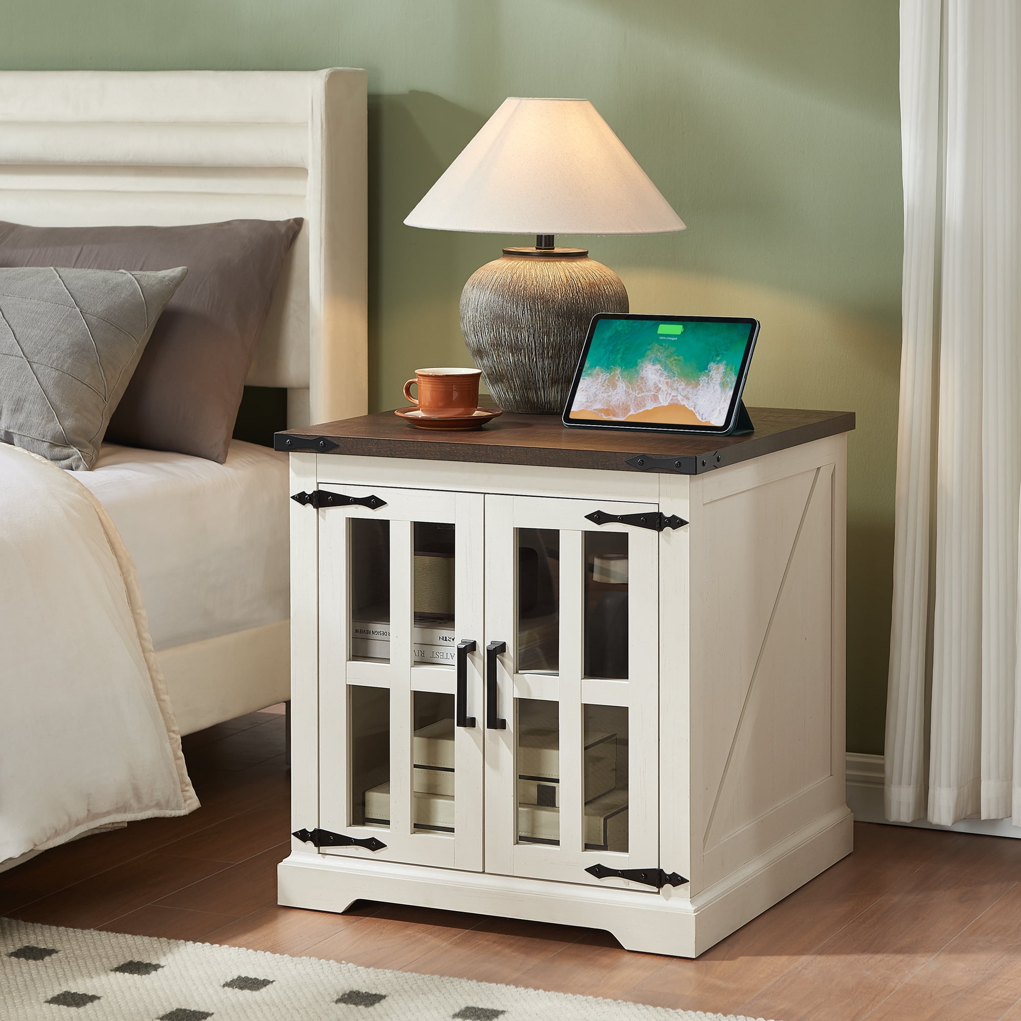 24'' Squre End Table, Nightstand Sofa Table with Glass Door, Side Table with Shelf for Living Room Bedroom, White