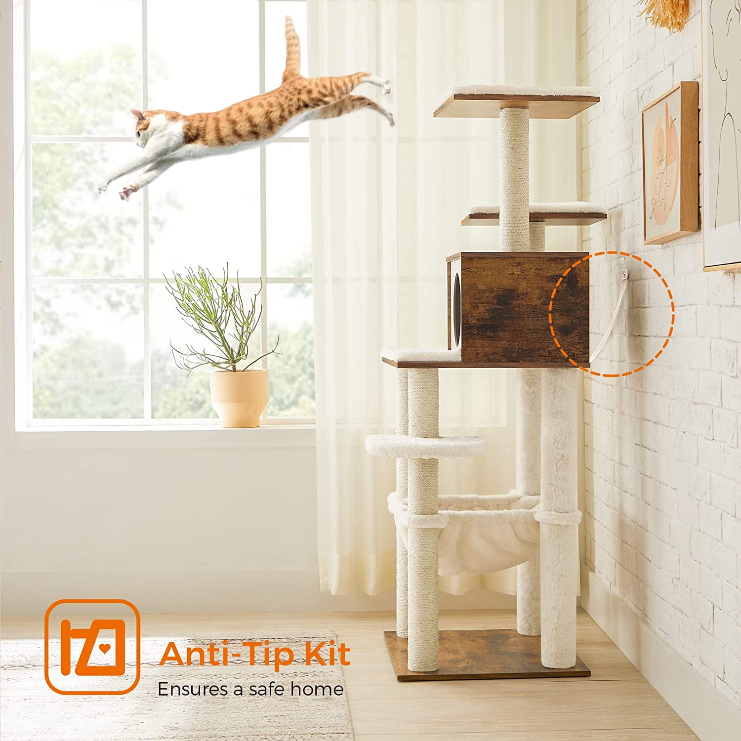 Feandrea Cat Tree, 54.3-Inch Cat Tower with Scratching Posts, Hammock, Cat Cave, Padded Perches, Wooden Cat Condo, Brown