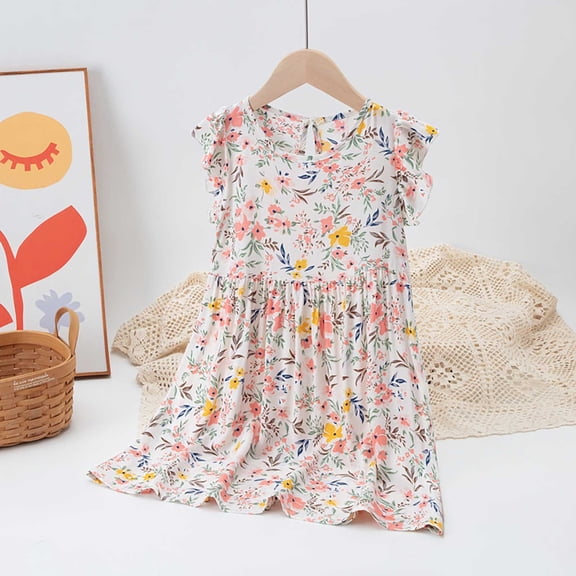 Rvasteizo Girls Dresses Print Sleeveless Flounce Sleeve Dress Floral Casual Style for Girls Summer Daily Wear