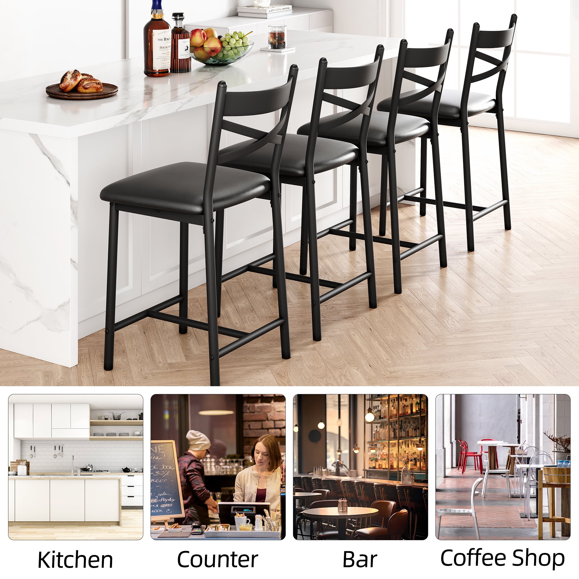 Modern Bar Stool Set of 2, Upholstered Counter Height Bar Chairs with X-Back, Soft PU Leather, Heavy Duty Metal Frame for Kitchen Island Restaurant