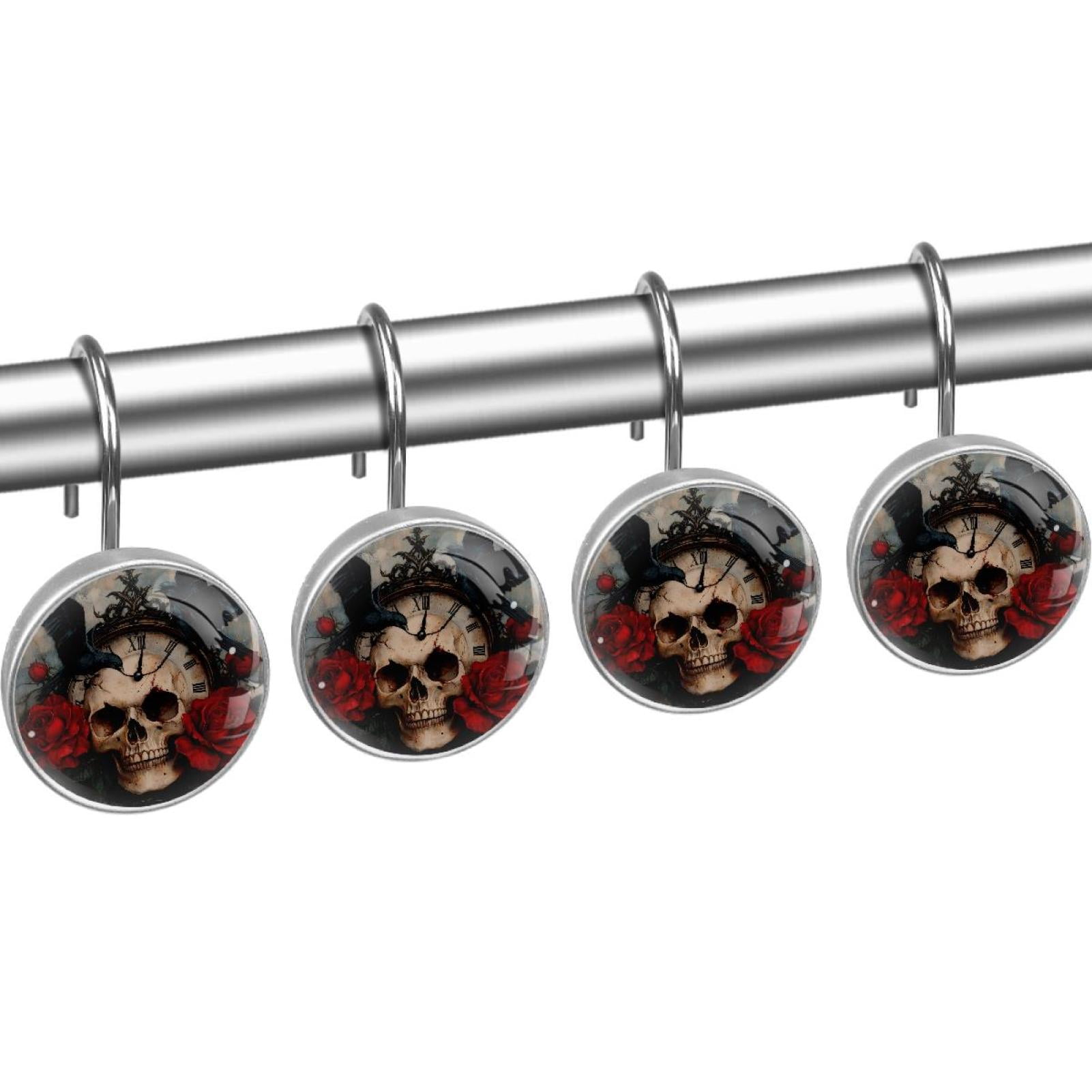 Black Crow Vintage Clock Skull Roses Shower Curtain Hooks Round Crystal Glass, Set of 12 Shower Curtain Rings - Shower Hooks for Curtain Shower Rings