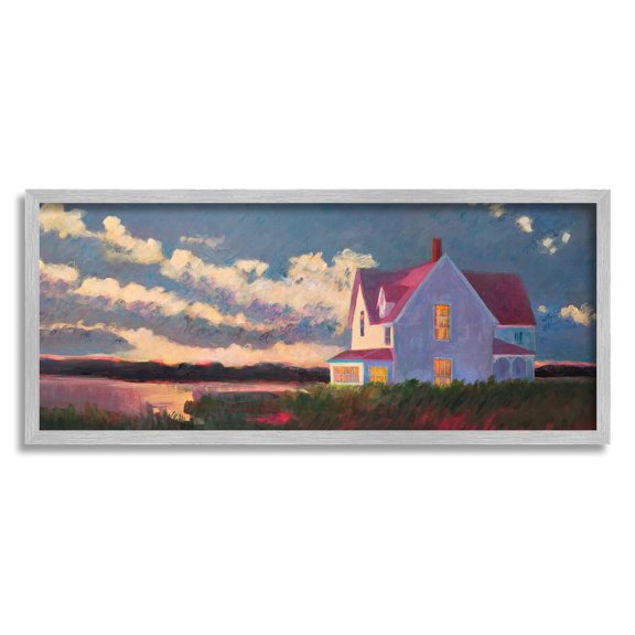 Stupell Industries Coastal House Panoramic Clouds Landscape Ocean View Painting Gray Framed Art Print Wall Art, Design by Sweetwater