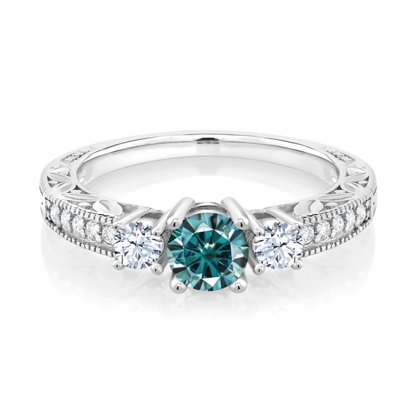 Gem Stone King 925 Sterling Silver Round Blue Moissanite and White Created Sapphire White 3-Stone Women Ring (0.89 Cttw, Size 5)