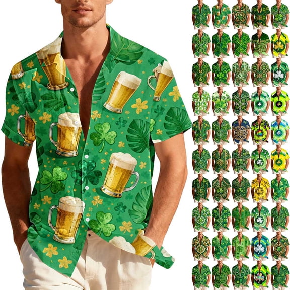 UVEASISHA Mens St. Patrick's Day Hawaiian Shirts Short Sleeve Green Clover Printed Beach Shirt Lapel Collar Button Down Irish Shamrock Graphic Shirts Green#25 XXL