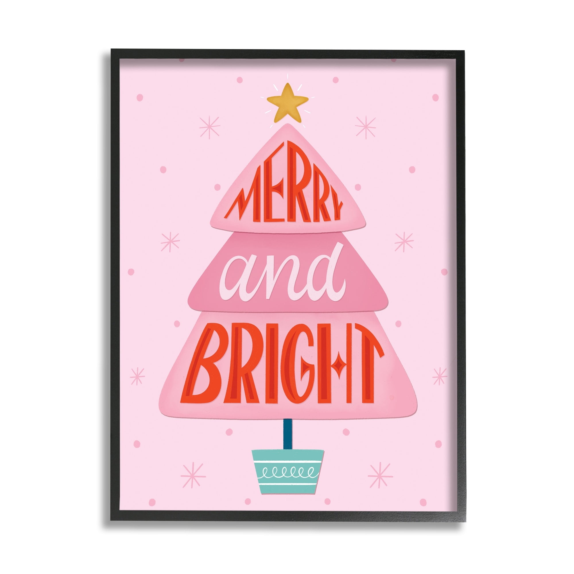 Merry & Bright Typography Pink Christmas Tree Pattern Inspirational Graphic Art Framed Art Print Wall Art