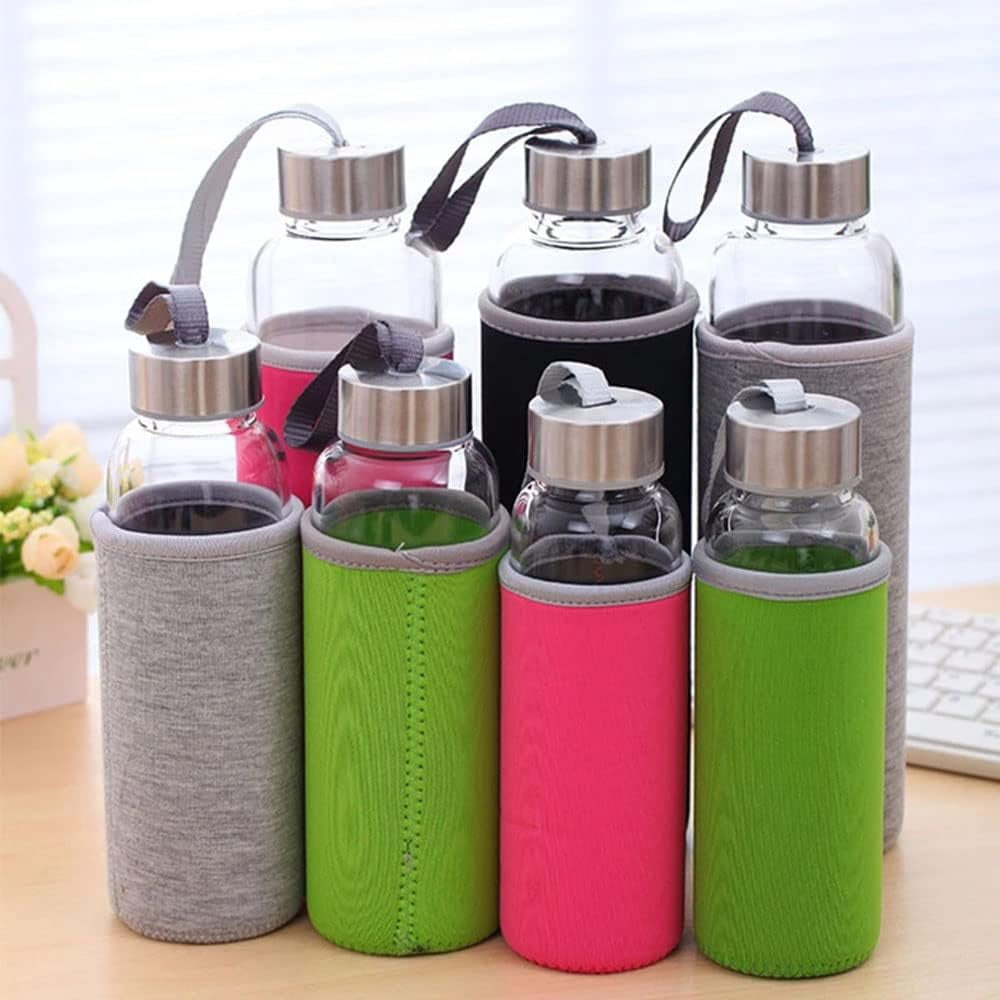 Glass Water Bottle, 360ml/420/550ml Sport Bottle with Stainless Steel Lid and Protective Bag for to Go Travel Gym Home (Navy Blue, 420ml)