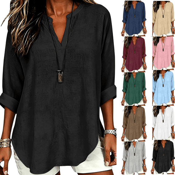 YVNAURA Womens Loose Fit Summer Shirt Breathable Cotton Linen Top Short Sleeve V Neck Blouse Casual Everyday Essential Tops Beach Vacation Work Office Wear, Black,L