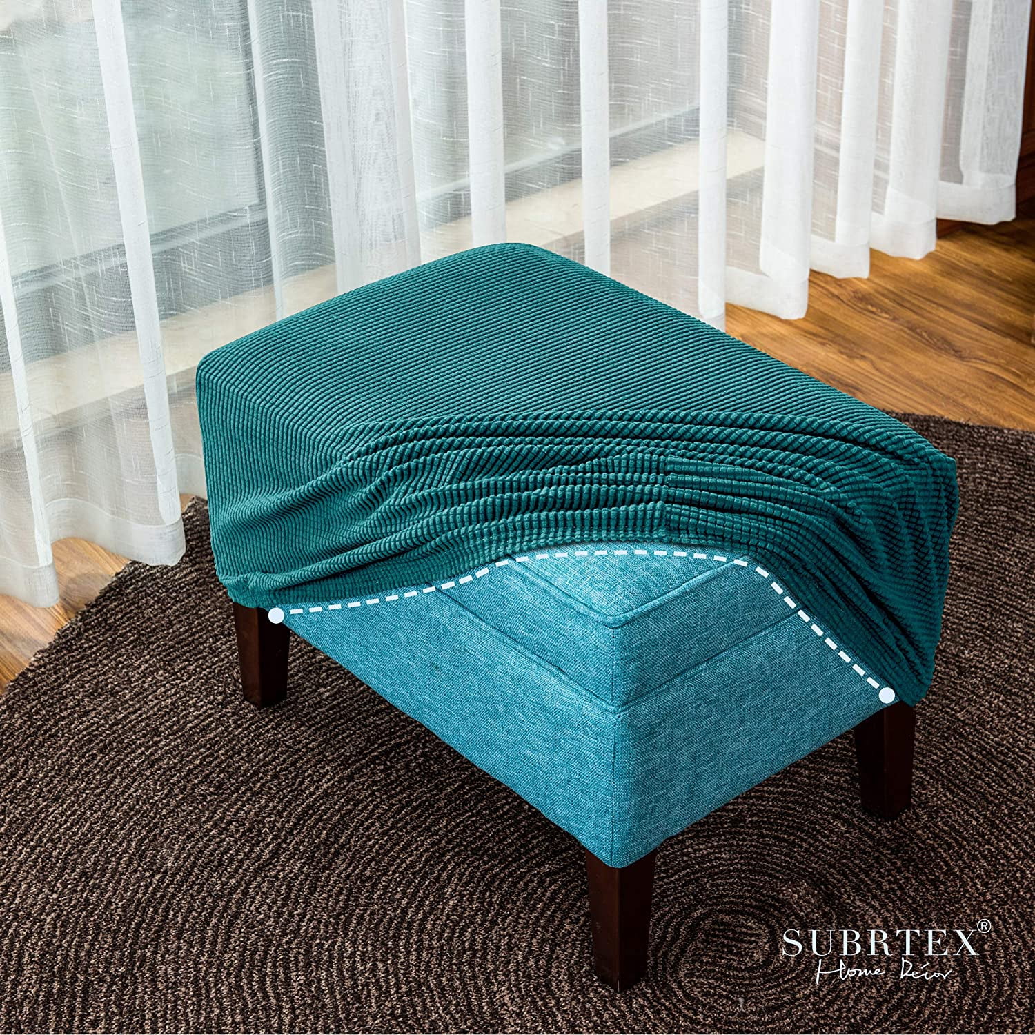 Subrtex Stretch Textured Grid Oversized Ottoman Slipcover, Turquoise