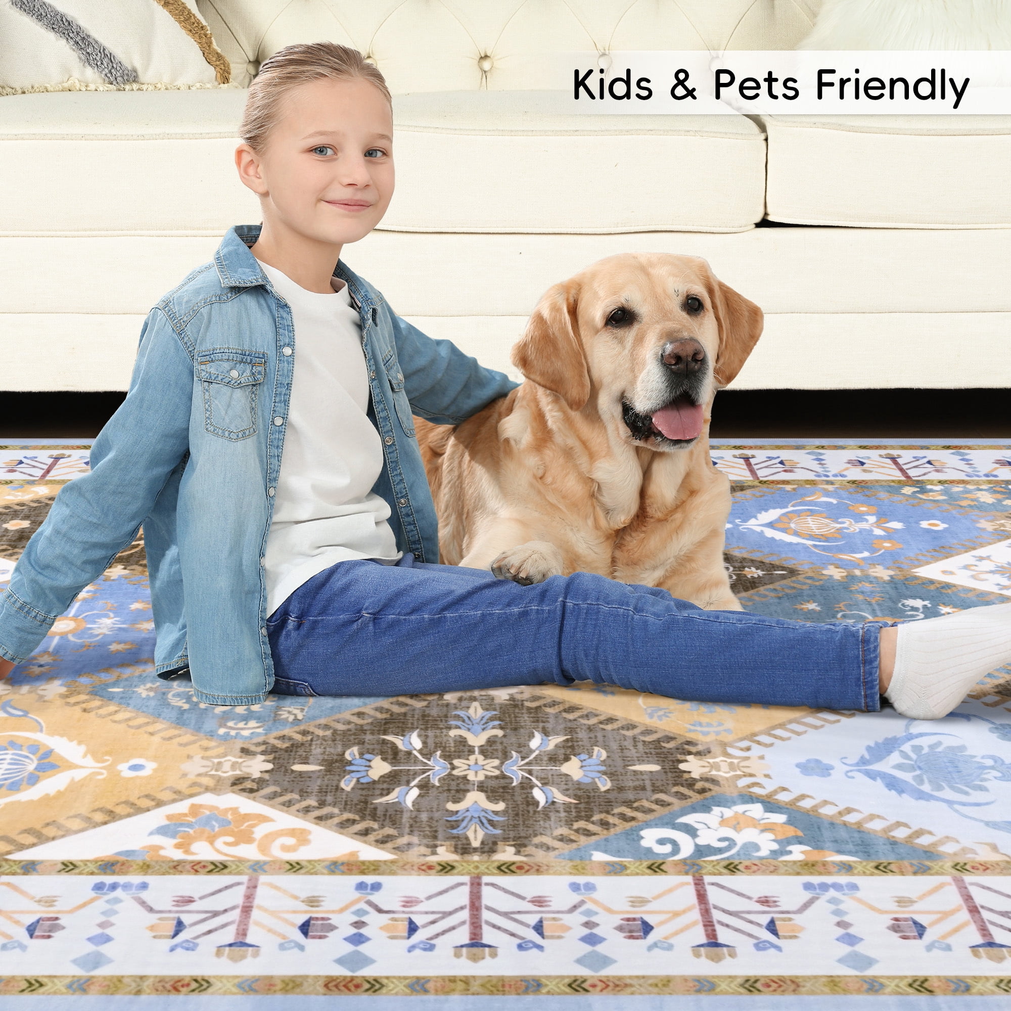 Wondo Moroccan Vintage Trellis Area Rug - Machine Washable Non-Slip Low-Profile 6x9 Floor Carpet for Living Room, Bedroom, Dining Room, Office & Nursery, Blue