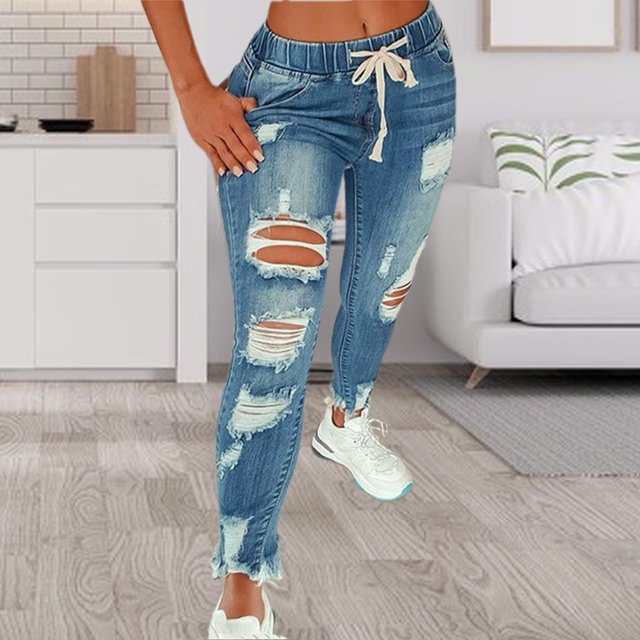 Fairnull Women Jeans Ripped Hole Stretchy Summer Slim-fitting All Match Denim Pants for Daily Wear