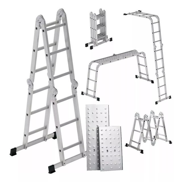 Escalera 12 Peldaños Andamio Multiposiciones Plegable 3.35m Color Plateado