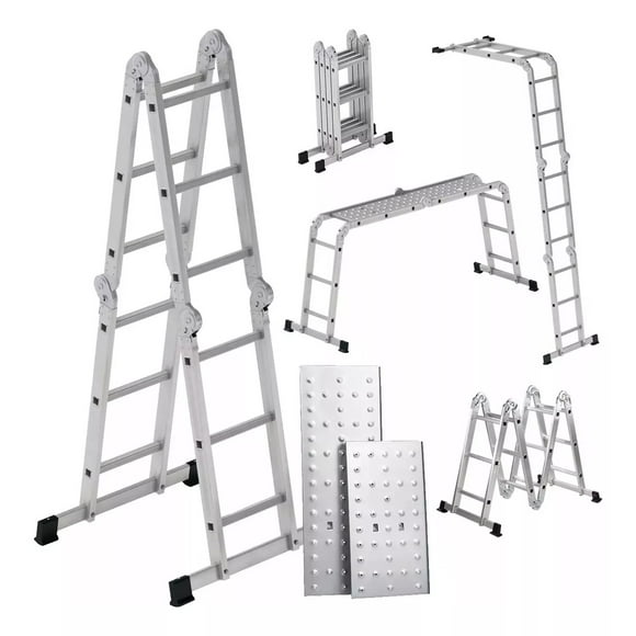 Escalera 12 Peldaños Andamio Multiposiciones Plegable 3.35m Color Plateado