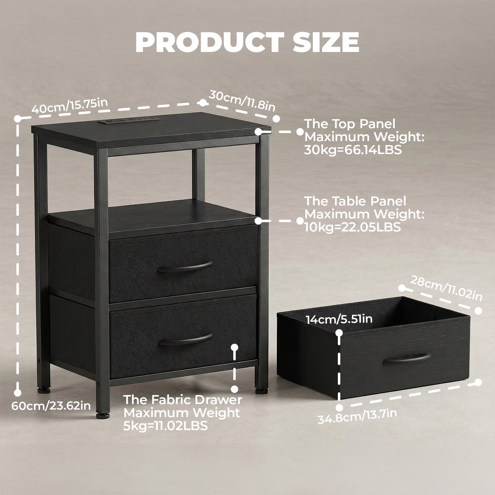 Alvantor Bedside Table Charging Station Nightstand with Fabric Drawers, End Side Table for Bedroom Living Room