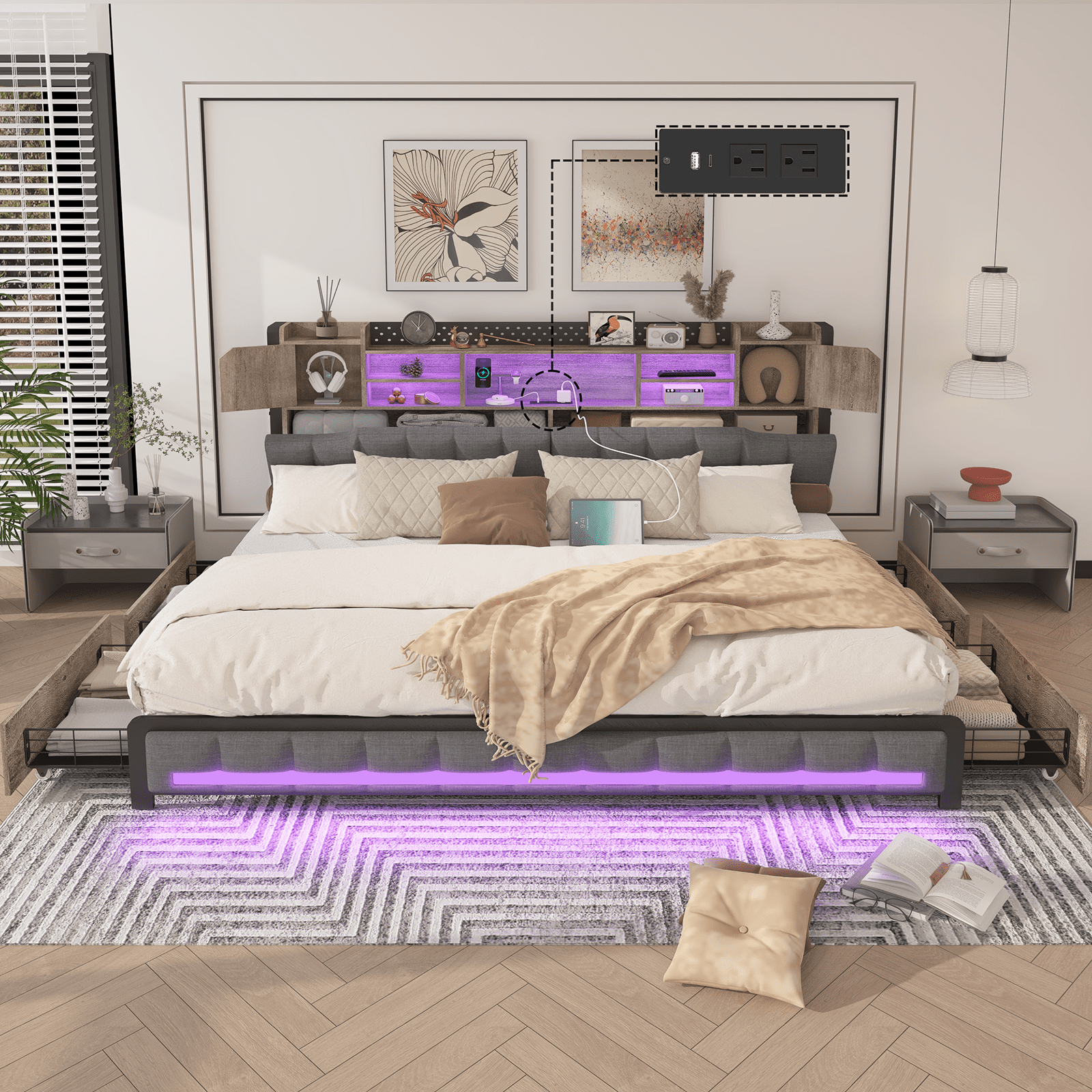King Size Bed Frame and Bookcase Headboard & Storage Drawers, LED Upholstered Platform Bed Frame King Size with USB Charging Station, No Box Spring Needed, Easy Assembly, Oak Gray