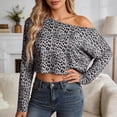 thumbnail image 2 of Trendfront Womens Off Shoulder Boat Neck Long Sleeve Tops Oversized Leopard Print Tees Animal Pattern Base Layering Style T-Shirts, 2 of 6