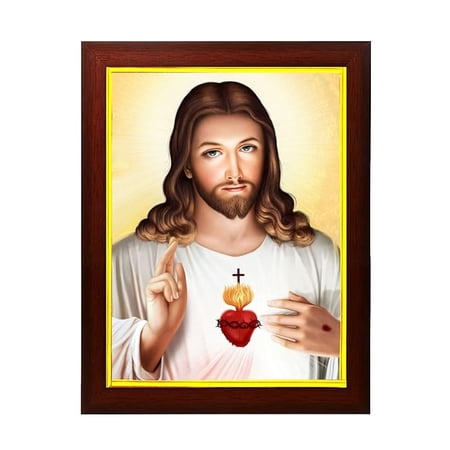 zig zag Lord Jesus Christ Large Photo With Frame For Wall Hanging / pooja room Size Big (18x26 inches, Acrylic Glass) 2, Brown