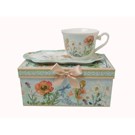 Elegantoss New Bone China Unique Tea/Coffee Cup 10 oz and Snack Saucer Set in an Attractive Reusable Handmade Gift Box with Ribbon elegant floral