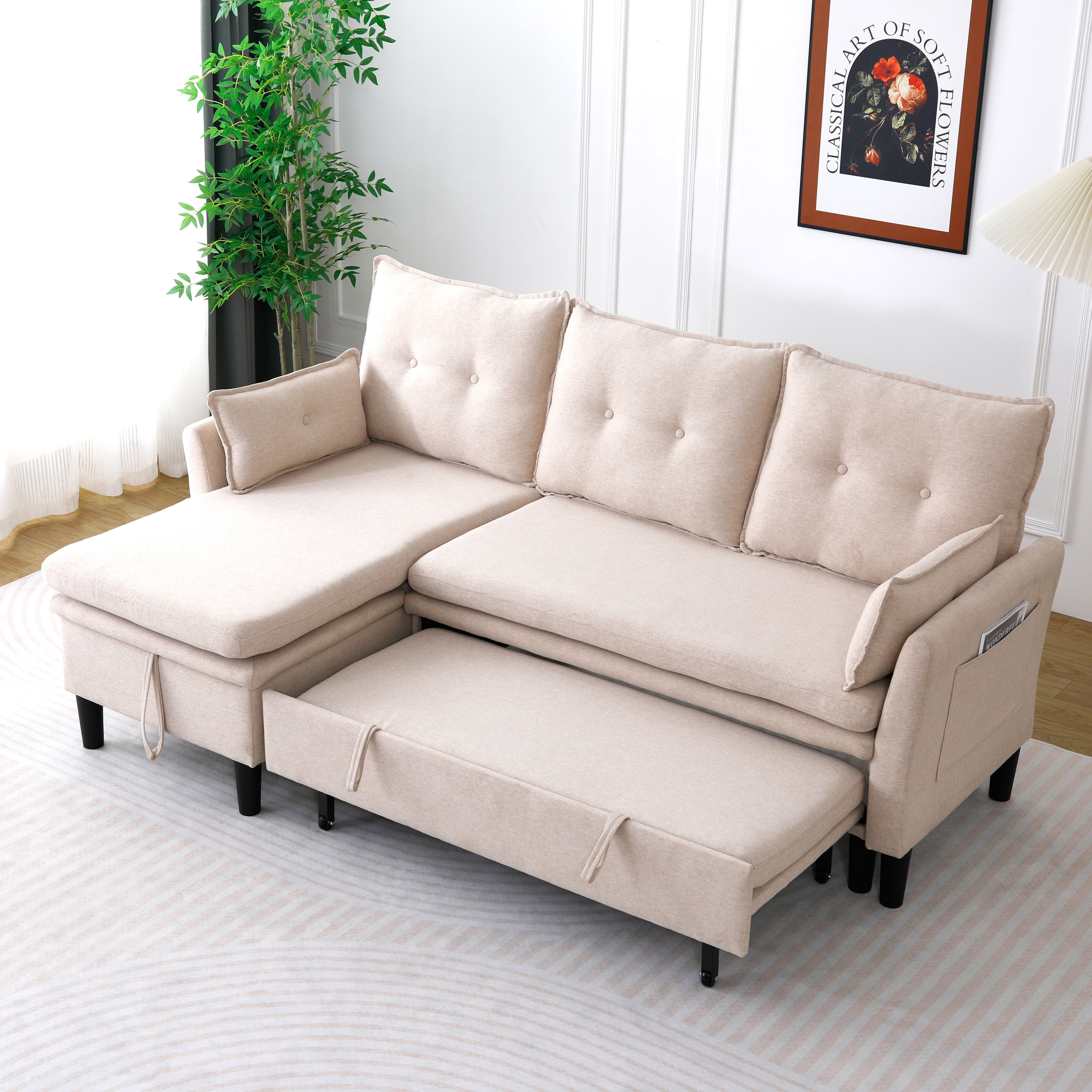 MAYEERTY L-Shaped Reversible Chaise Sectional Sofa Linen Sofa Bed with Storage, for Apartment, Beige