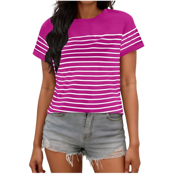 Sexlip Womens Short Sleeve Crew Neck T Shirt Striped Print Design Lightweight Fabric Casual Silhouette for Daily Errands Pink S