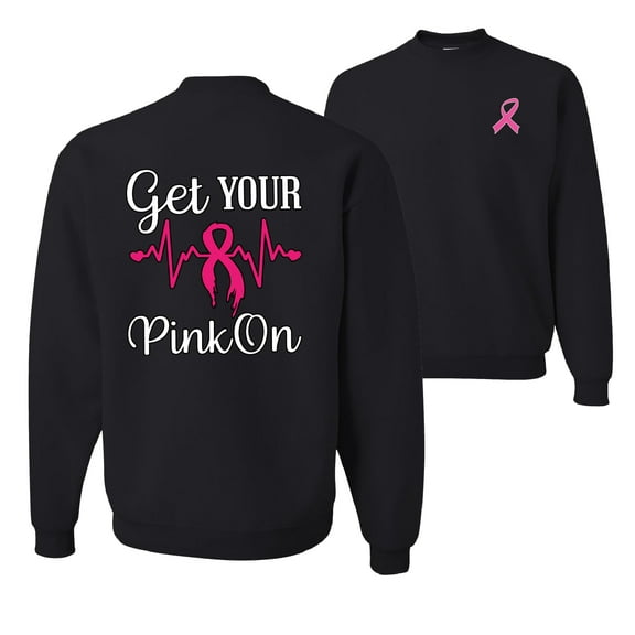 Wild Bobby, Get Your Pink On, Breast Cancer Awareness, Front and Back Unisex Crewneck Graphic Sweatshirt, Black, Small