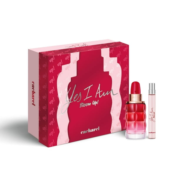 Cacharel ¡Sí, soy Bloom Up! Juego de regalo de perfume para mujer de 2 piezas, 1,7 onzas líquidas EDP + 0,34 onzas líquidas en spray de viaje, aroma floral y fresco, notas de frutos rojos, peonías y s