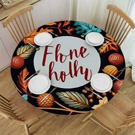 

HAOXIT Fitted Round Tablecloth Autumn Wreath leaves rowan fall floral Fall is in The air Table cover Elastic Edged Table Cloth Fits Round Tables 38-42
