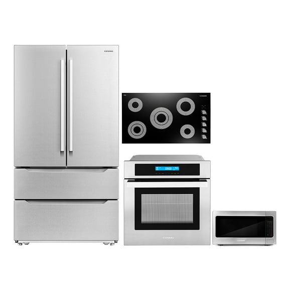 Cosmo 4 Piece Kitchen Appliance Package 36" Electric Cooktop 24" Single Electric Wall Oven 24.4" Countertop Microwave & French Door Refrigerator Kitchen Appliance Bundles
