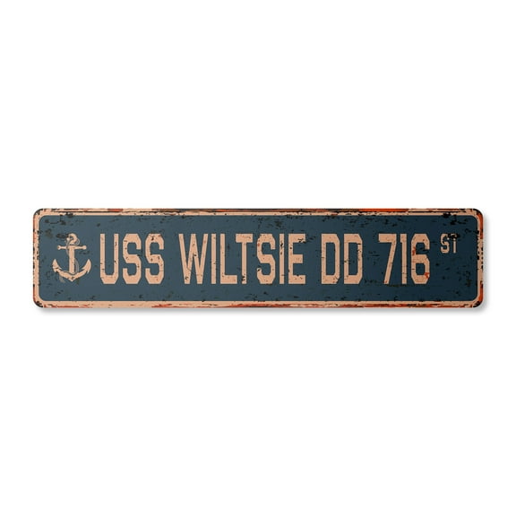 USS WILTSIE DD 716 Vintage Aluminum Street Sign us navy ship veteran sailor rustic metal tin gift | Indoor/Outdoor | 24" Wide