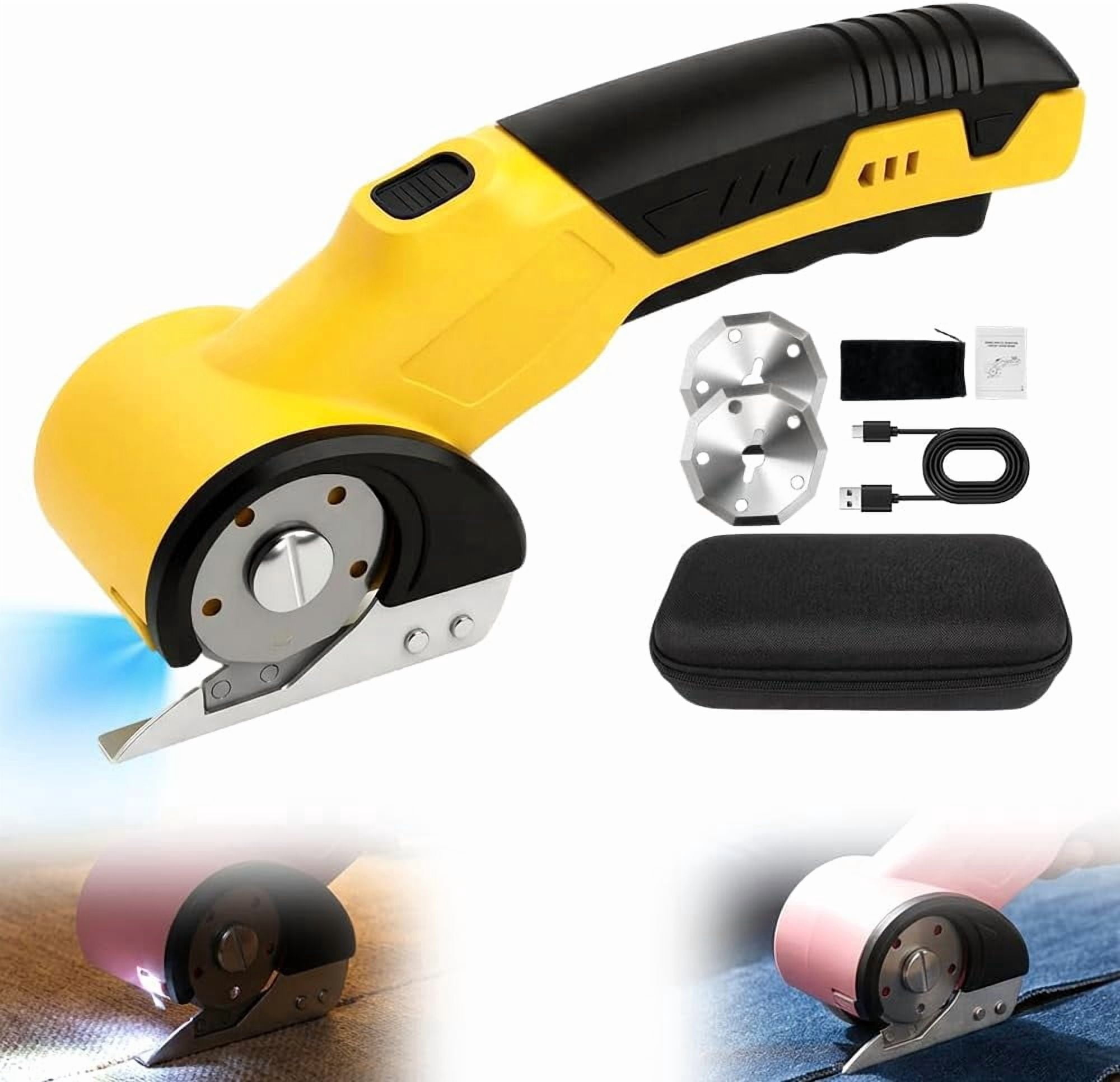 Rechargeable Cordless Electric Scissors, Rotary Cardboard Cutter, Automatic Box Cutter With Led Light, Extra 2 Blades, Electric Scissors For Fabric Leather Carpet Plastic Cloth Carton (Yellow)