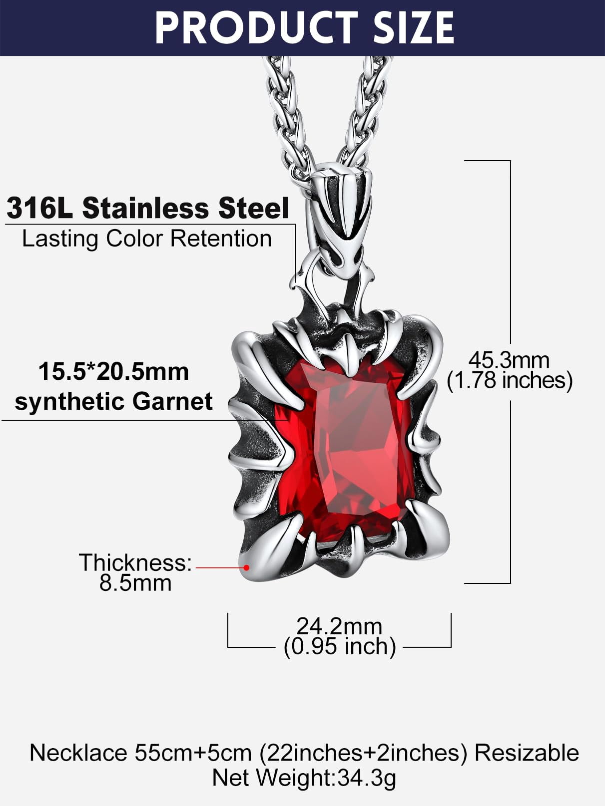 Bandmax Gothic Stainless Steel Necklaces for Men Women Dragon Claw Pendant Ruby Stone Vintage Goth Punk Necklace for Gift