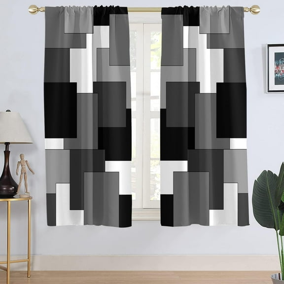 Black Grey and White Window Curtain Gray Abstract Mens Geometric Art Aesthetic Mid Century Minimalist Living Room Bedroom Window Drapes Treatment Fabric 1 Pair Home Decor, 42" W x 63" L, Modern