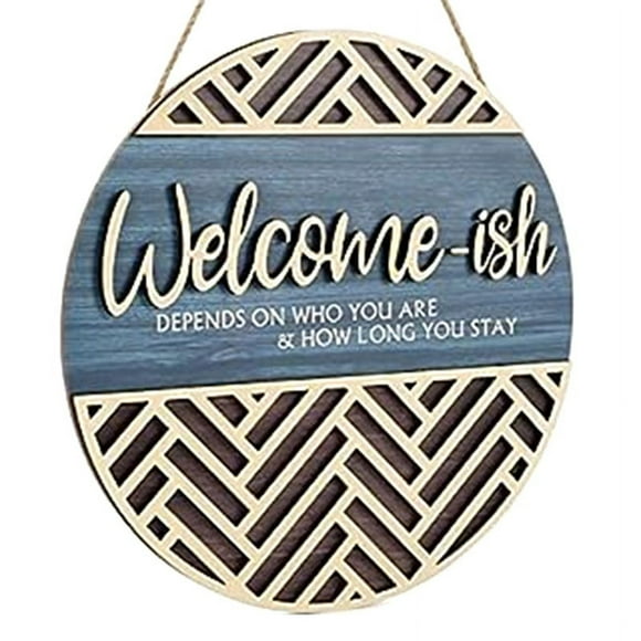 3D Welcome Hanging Sign Plaque for Front Door Wall Decor, Funny Welcome-Ish Wooden Hanger, Rustic Minimalist Wood