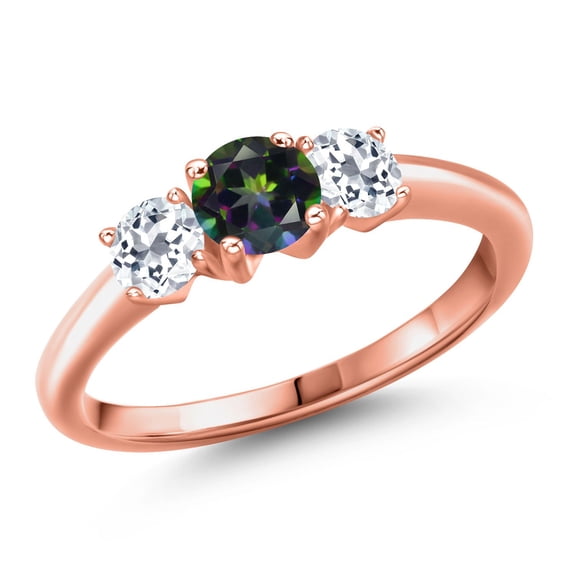 Gem Stone King 18K Rose Gold Plated Silver Green Mystic Topaz and White Topaz Engagement Ring for Women | 1.21 Cttw | Round 5MM | Gemstone November Birthstone | Size 8
