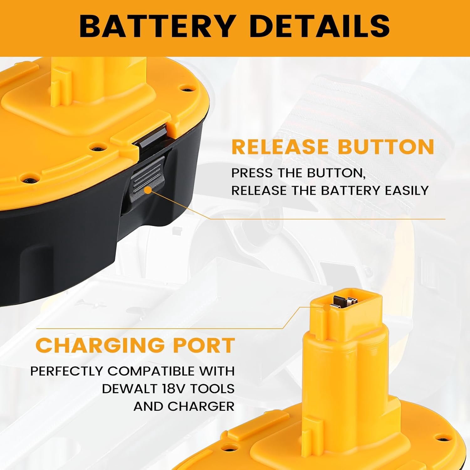 4.5Ah DC9096 Replacement for Dewalt 18 Volts NI-MH Battery DC9098 DC9096 DC9091 DE9057 DW9116 with DC9310 Fast Charger Replacement for DEWALT 7.2V-18V Battery Charger