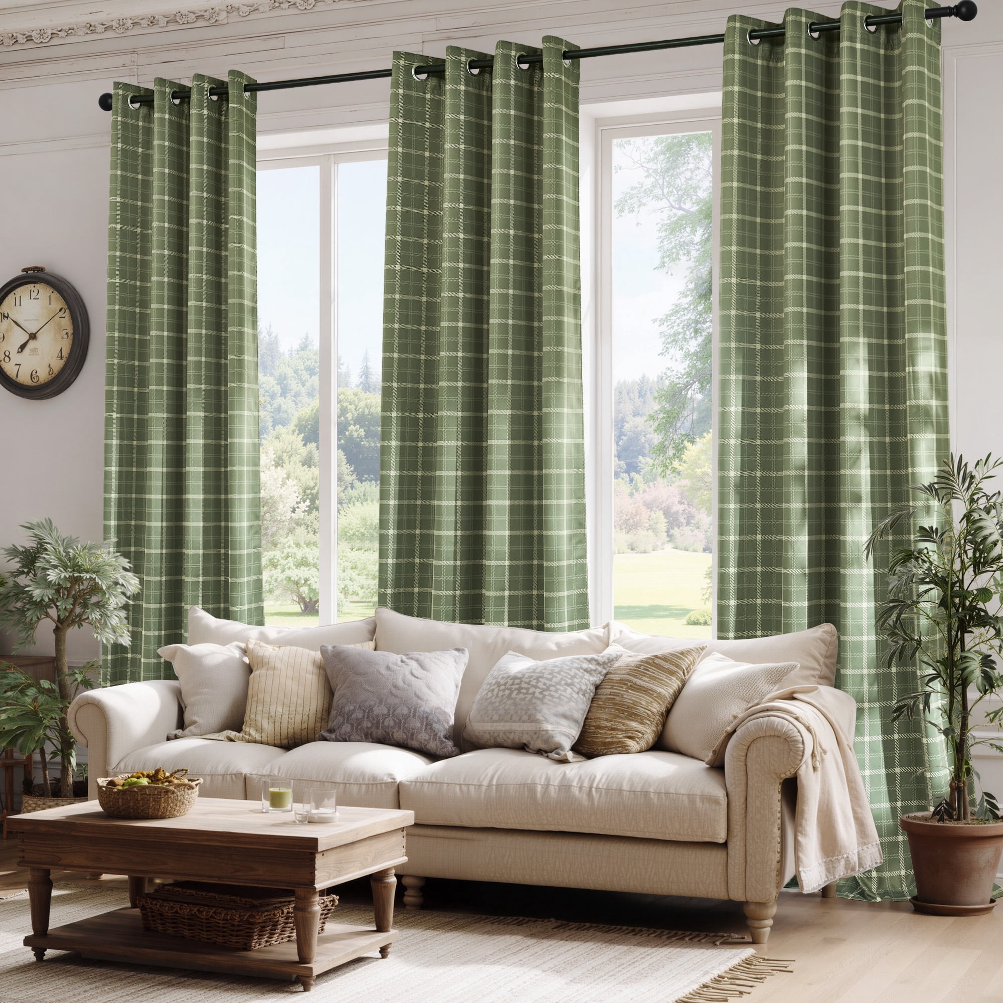 NICETOWN 100% Blackout Green Plaid Curtains for Bedroom Privacy Protect Grommet Thermal Insulated Window Treatment for Living Room, 2 Panels, Moss Green, W52 x L84