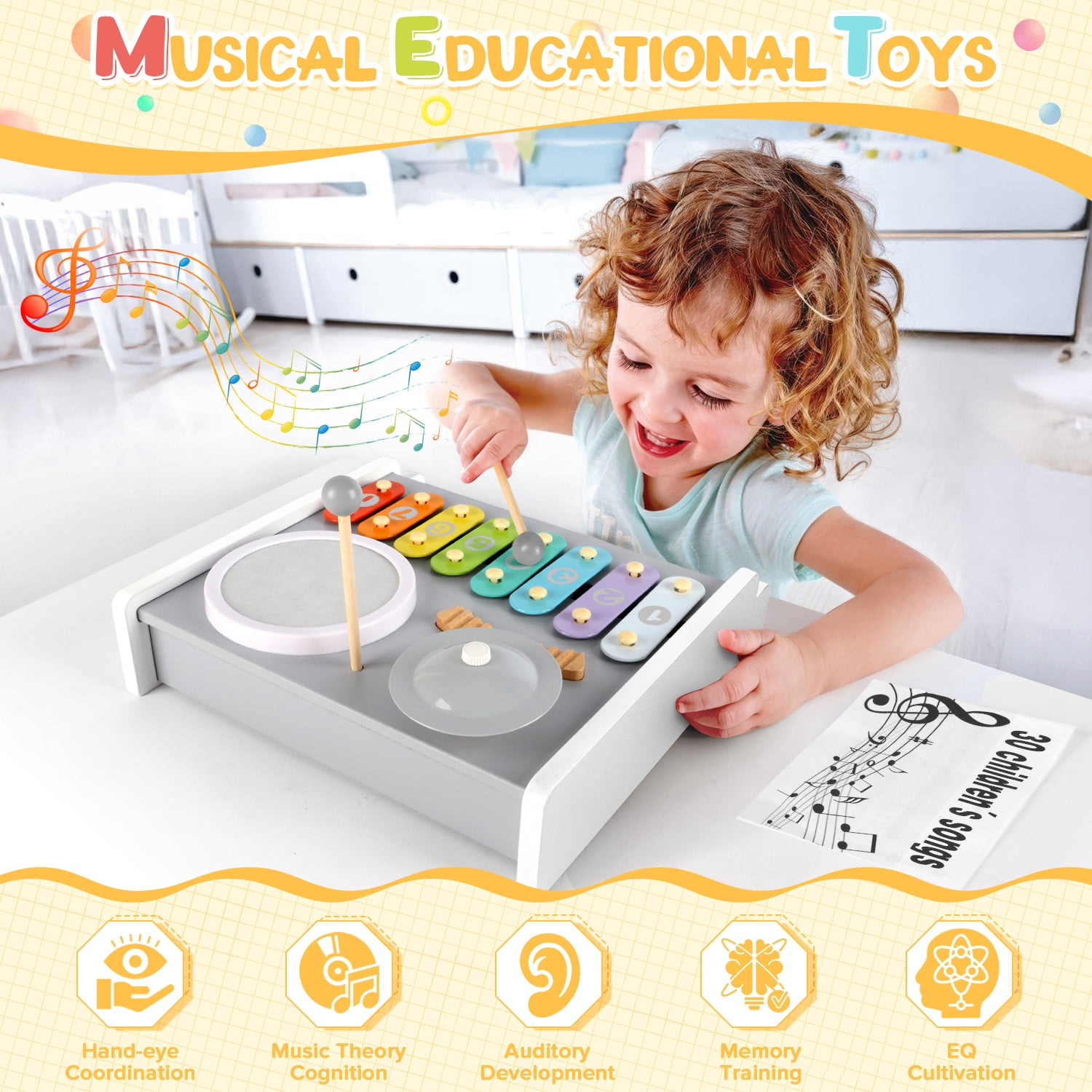 Flooyes Kids Drum Set, Musical Instruments Toys for Toddlers, 5-in-1 Montessori Toys, Wooden Piano Keyboard Xylophone, Educational Toys Birthday Gift