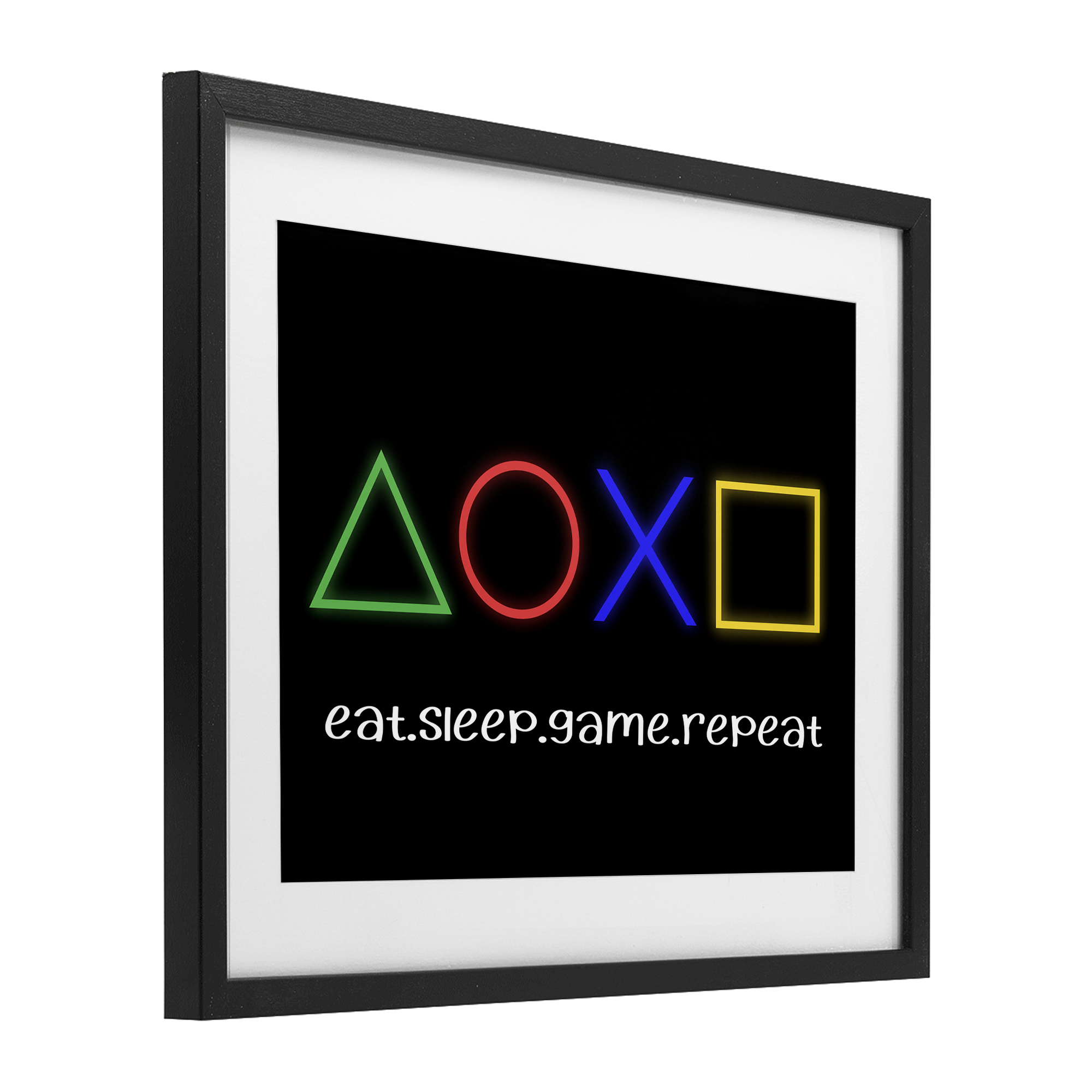 Neon Gaming Symbols & Words Black Framed Print Under Glass, design by Christine Simpson Art
