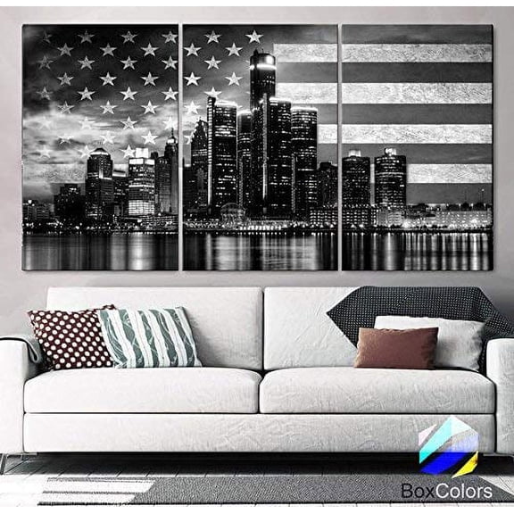 Original by BoxColors LARGE 30"x 60" 3 Panels 30"x20" Ea Art Canvas Print Flag USA Detroit skyline light buildings black & white Wall Home Office decor (framed 1.5" depth)