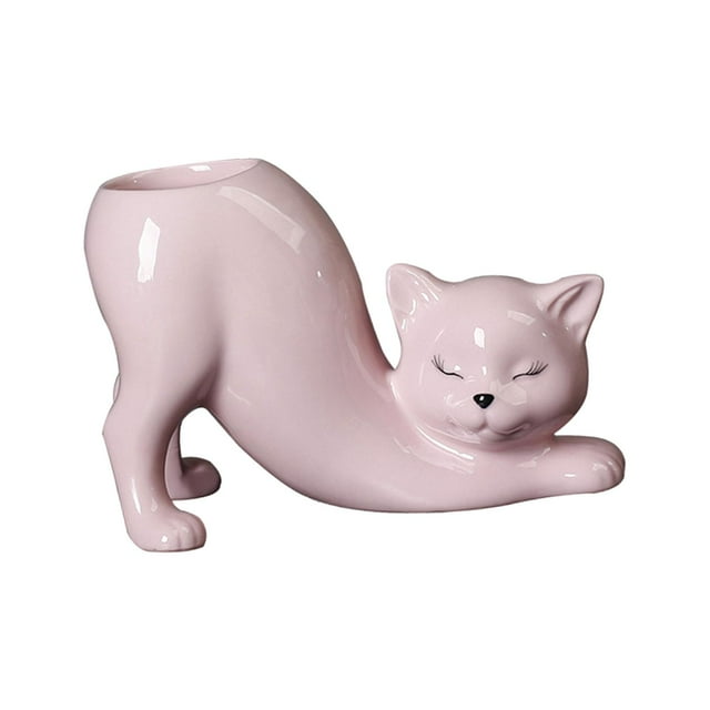 Maceta de gato de dibujos animados, jarrón de gato, macetero de cerámica, decoración, soporte para bonsái, maceta para plantar cola de gato bonita Rosa