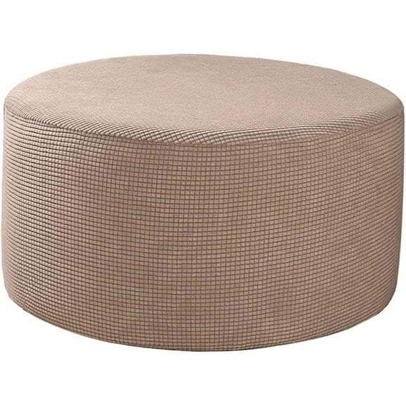 Round Ottoman Slipcover With Non-Slip Design, Eco Friendly High Stretch Knitted Jacquard Fabric For Home Decor (Khaki)