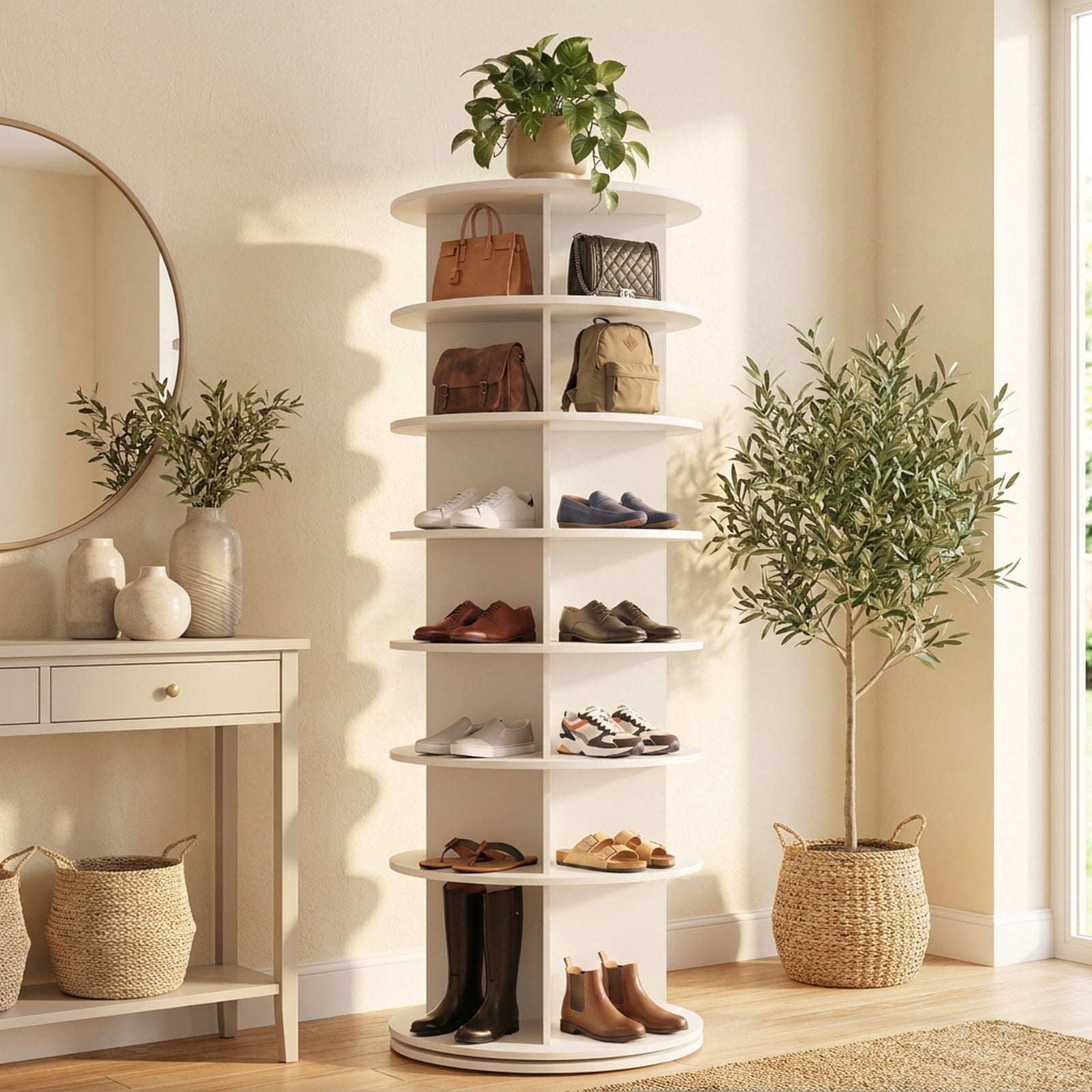 Furnibear 7 Tier Rotating Shoe Rack Tower Freestanding Spinning Shoe Organizer for Entryway Closet and Bedroom Corners, White